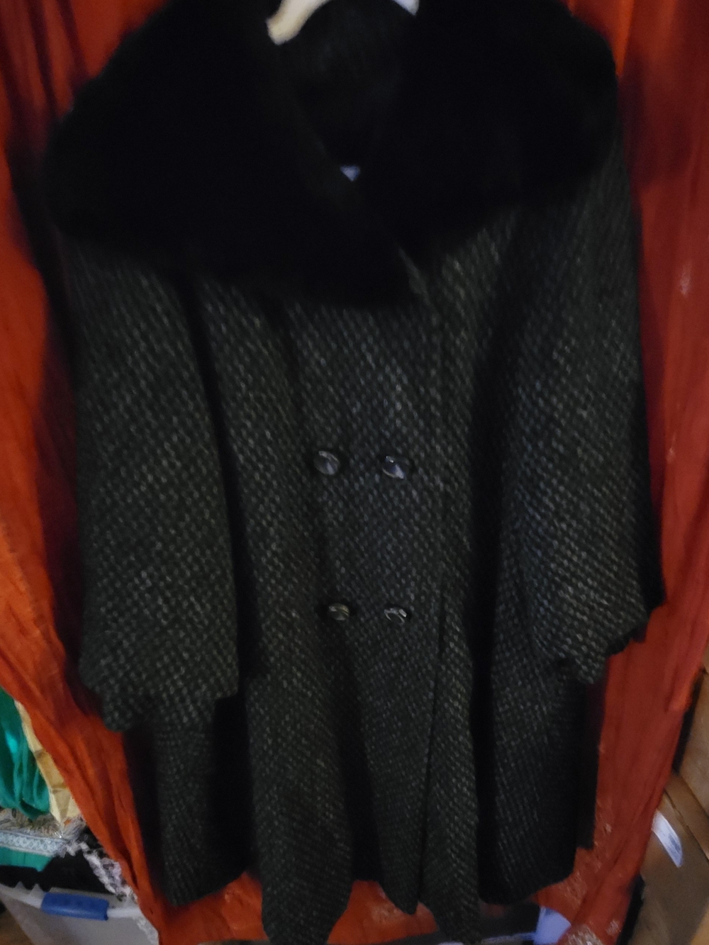 Vintage Black Tweed Swing Coat with Faux Fur Collar